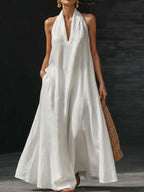 Cotton Linen Maxi Shirt Dress for Women - Pocketed Button-Front Summer Style