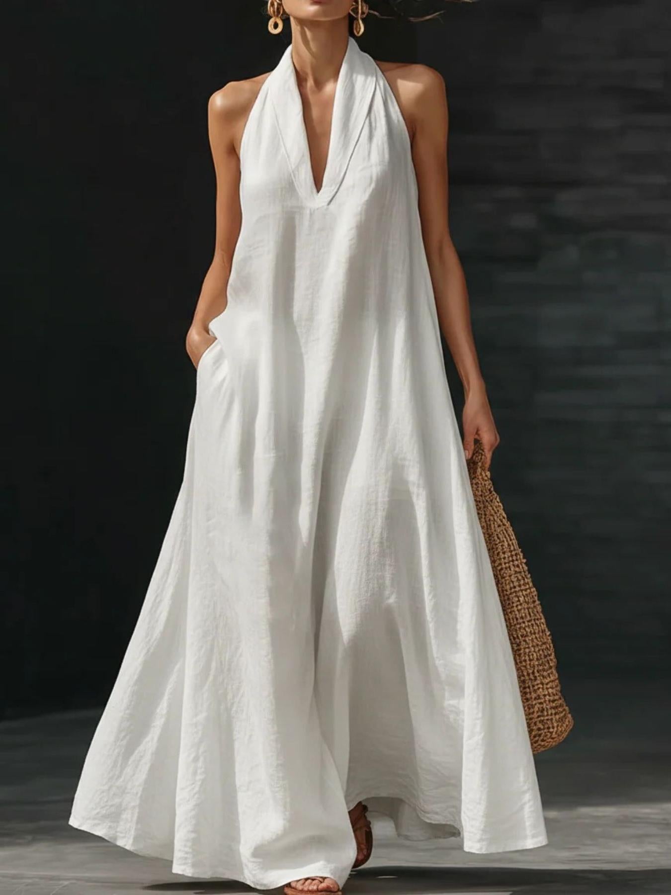 Cotton Linen Maxi Shirt Dress for Women - Pocketed Button-Front Summer Style