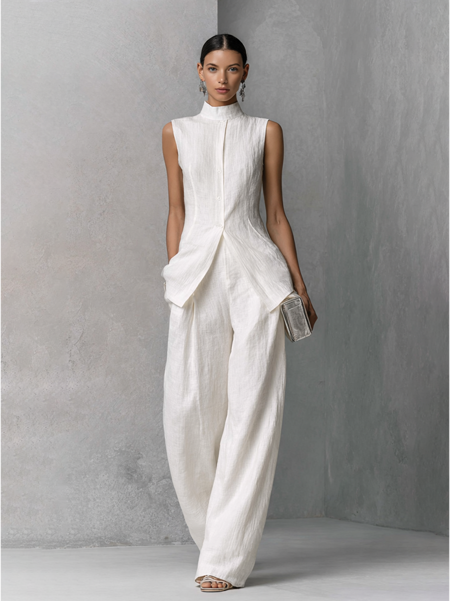 Cotton Linen Sleeveless Top and Wide-Leg Pants Set for Women - Minimalist Outfit