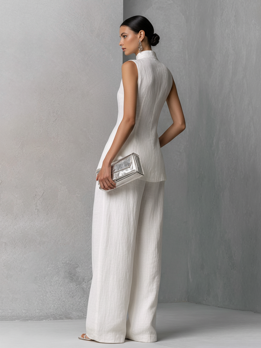 Cotton Linen Sleeveless Top and Wide-Leg Pants Set for Women - Minimalist Outfit
