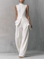 Cotton Linen Sleeveless Top and Wide-Leg Pants Set for Women - Minimalist Outfit