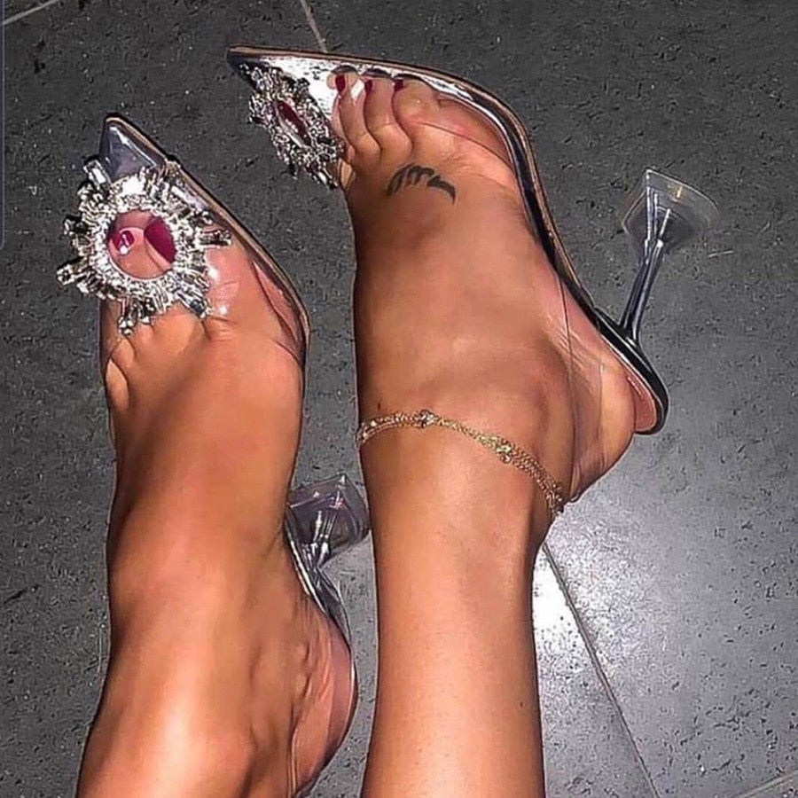 Crystal-Embellished PVC Slingback Pumps for Women - Elegant Footwear