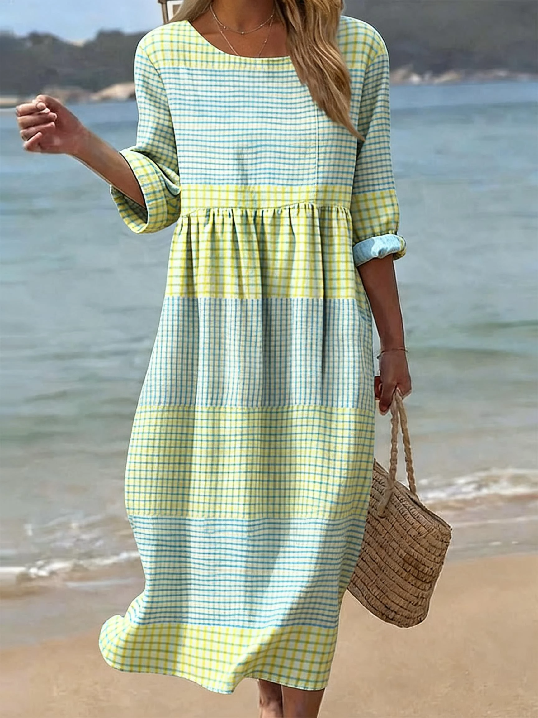 Damen Rundhals Freizeitkleid mit halben Ärmeln aus Baumwolle für Alltag und Freizeit