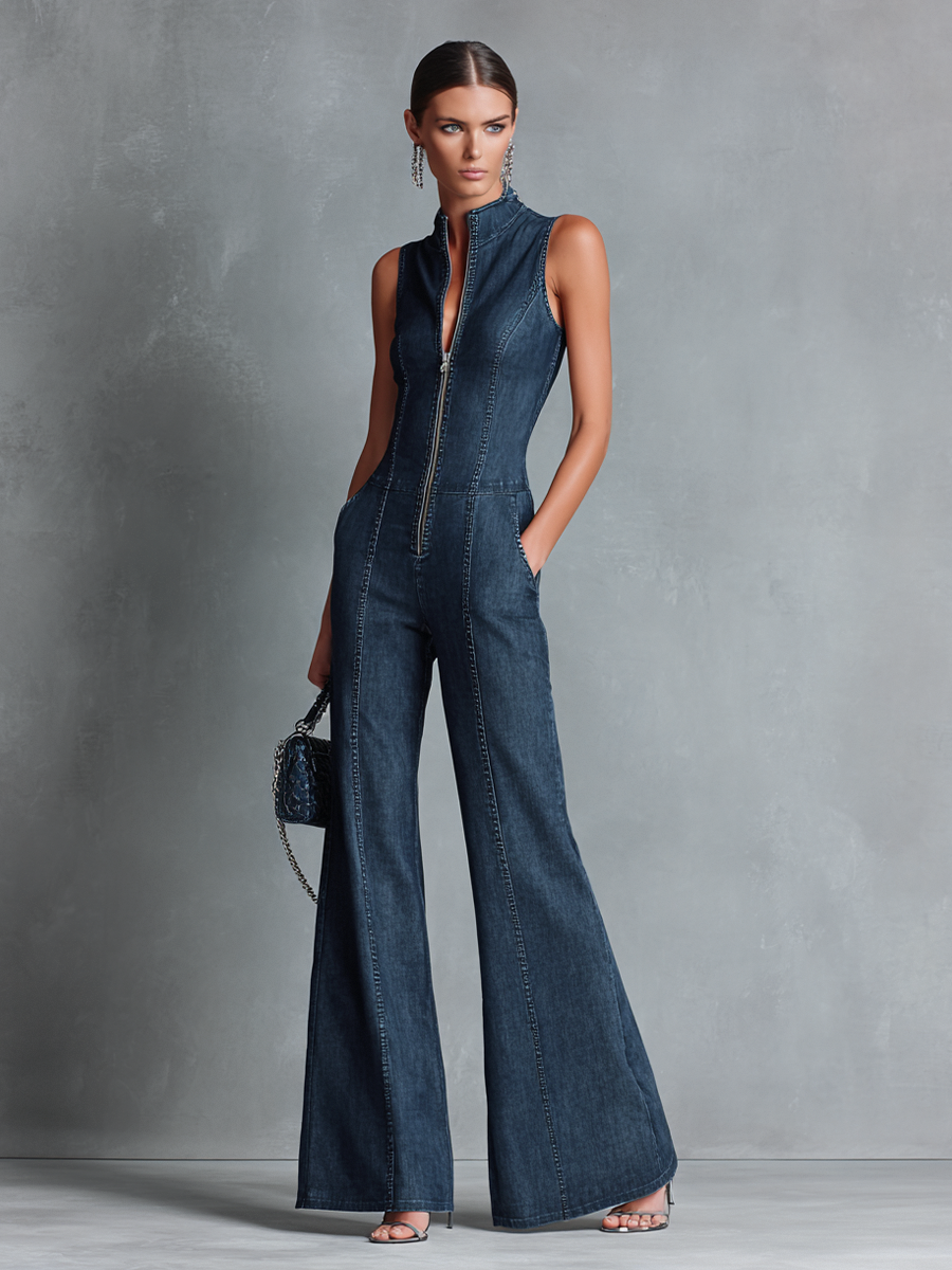Dark Blue Denim Sleeveless High-Neck Flared Jumpsuit Women UK – Smart Casual Holiday Wear Cocktail