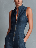 Dark Blue Denim Sleeveless High-Neck Flared Jumpsuit Women UK – Smart Casual Holiday Wear Cocktail