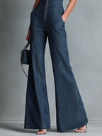 Dark Blue Denim Sleeveless High-Neck Flared Jumpsuit Women UK – Smart Casual Holiday Wear Cocktail