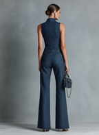 Dark Blue Denim Sleeveless High-Neck Flared Jumpsuit Women UK – Smart Casual Holiday Wear Cocktail