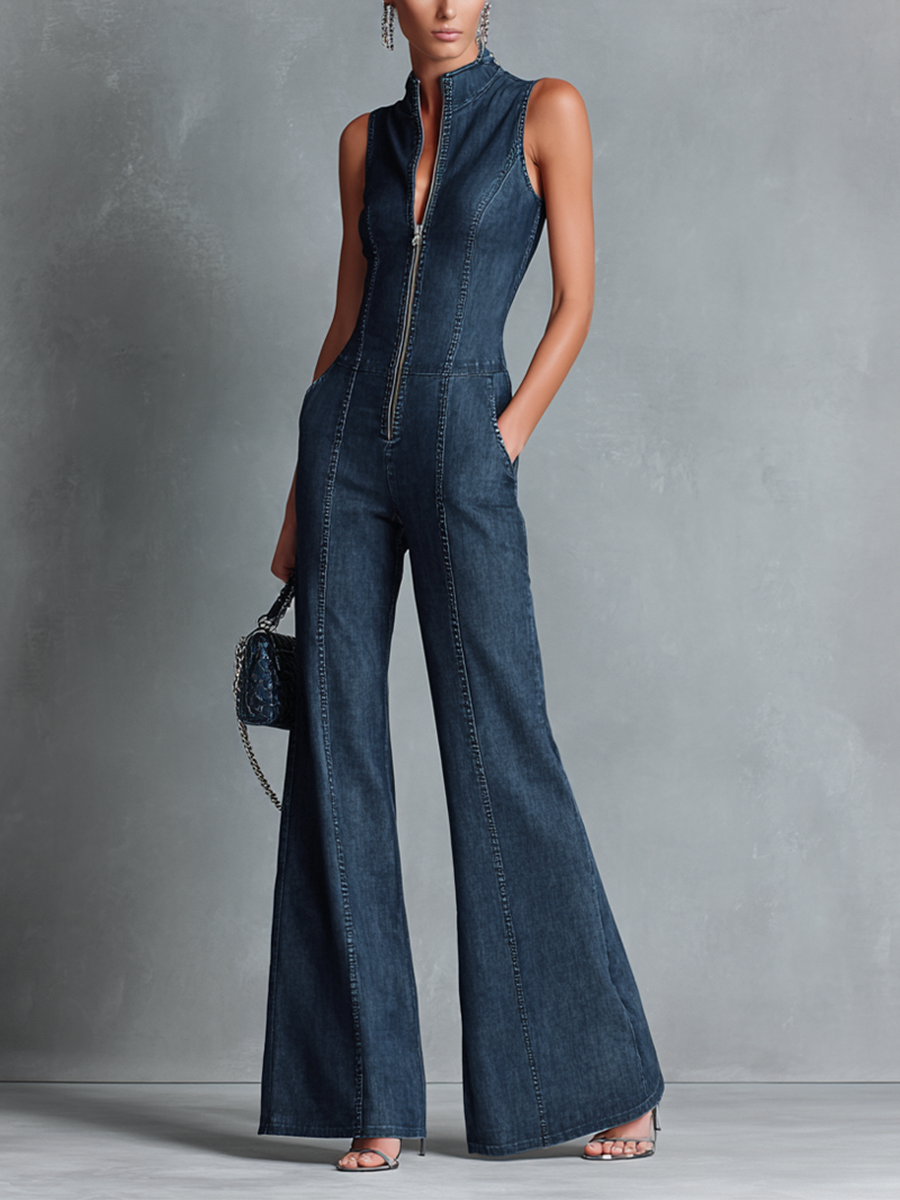 Dark Blue Denim Sleeveless High-Neck Flared Jumpsuit Women UK – Smart Casual Holiday Wear Cocktail