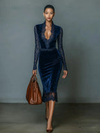 Dark Blue Velvet Slim-fit V-neck Midi Dress Women UK – Wedding Guest Cocktail Evening Gown, Formal Occasion