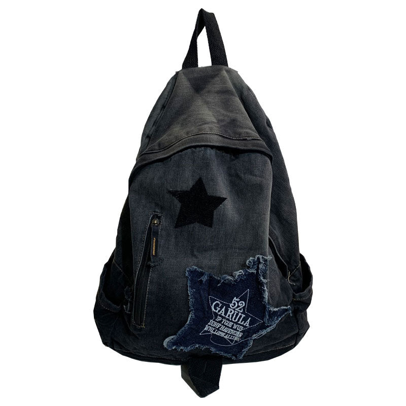 Denim Casual School Backpack with Star Appliqué – School, Travel