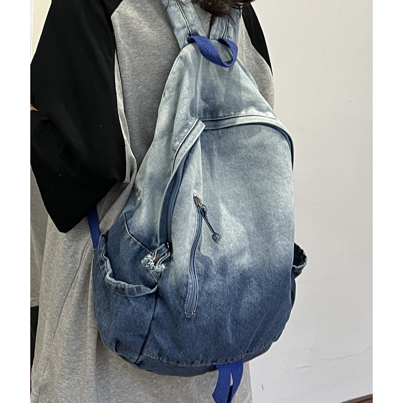 Denim Casual School Backpack with Star Appliqué – School, Travel