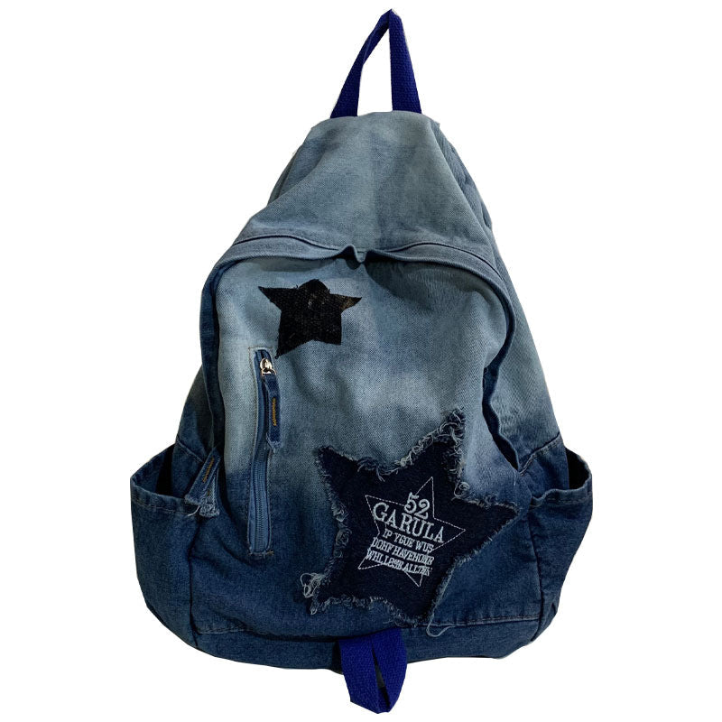 Denim Casual School Backpack with Star Appliqué – School, Travel