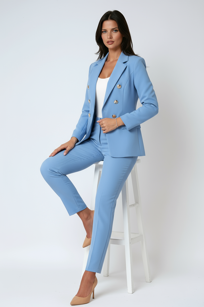 Double-Breasted Blazer Suit Set - Stylish Women's Office Wear in Classic Design