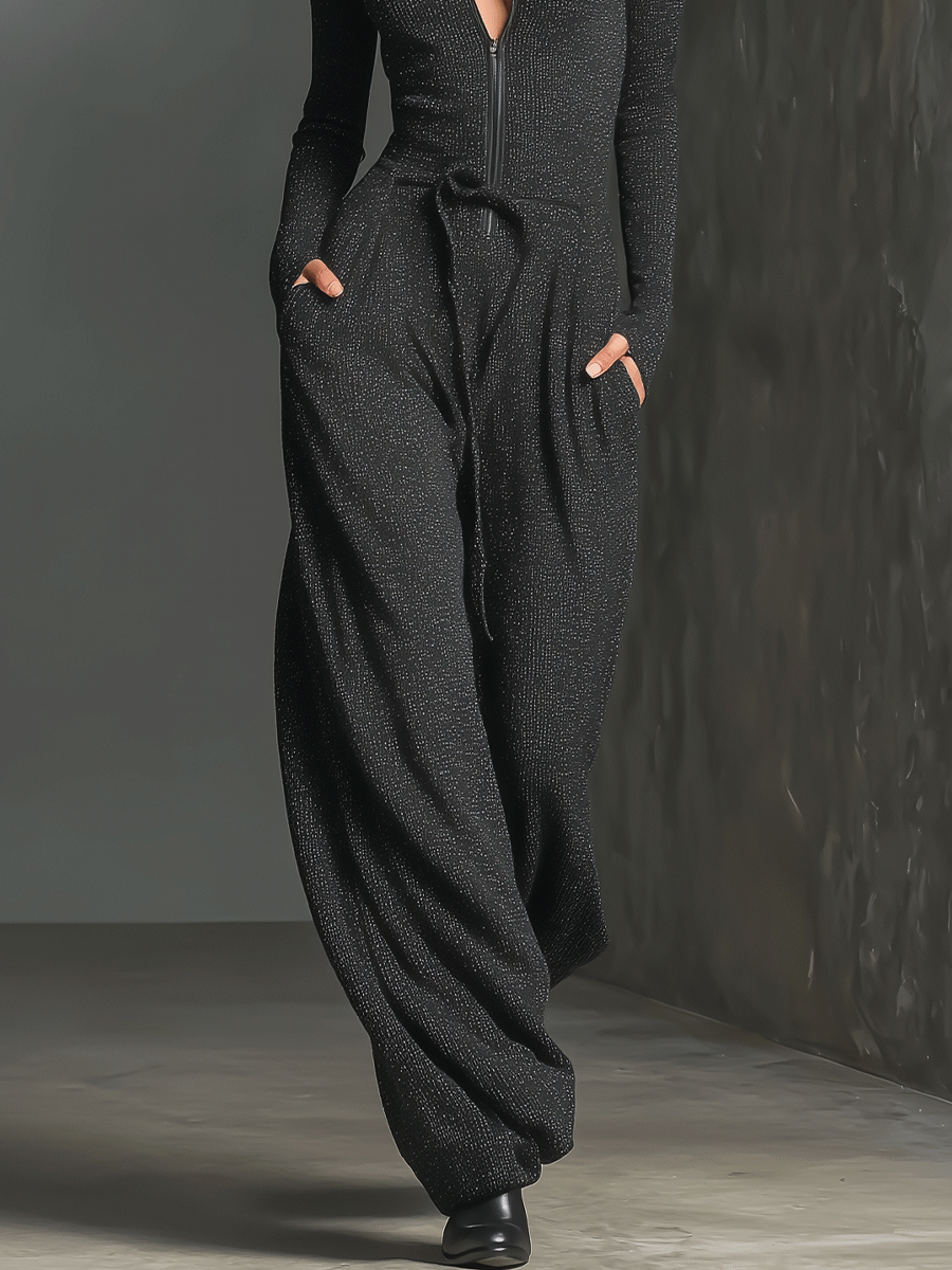 Elegant Knit Sparkling Zipper Front Women's Jumpsuit for Special Occasions
