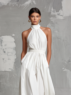 Elegant White Woven Sleeveless Halter Neck Jumpsuit for Women - MDZ0554A3AN