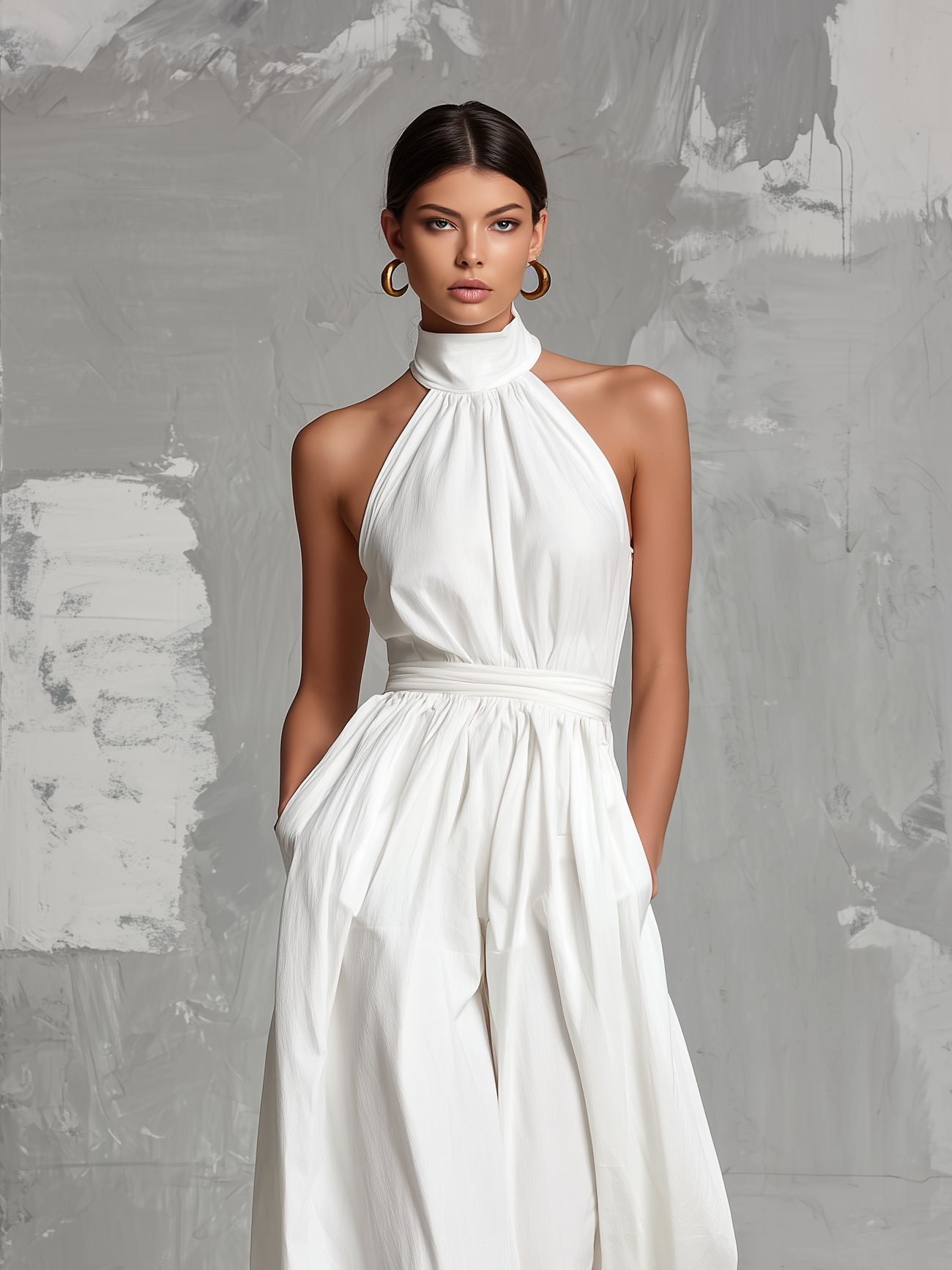 Elegant White Woven Sleeveless Halter Neck Jumpsuit for Women - MDZ0554A3AN
