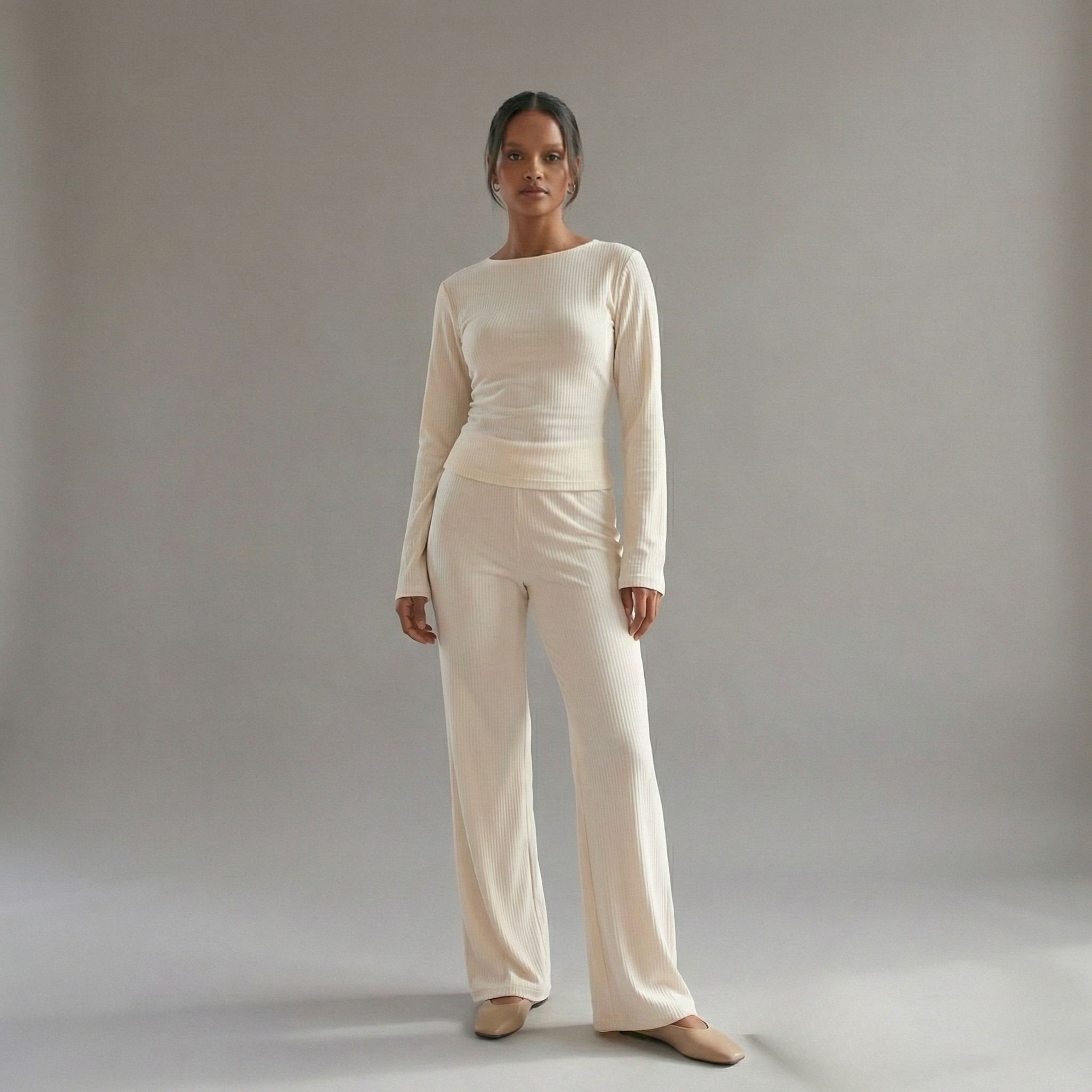 Flare Sleeve Round Neck Top and Bottom Set - Casual Cotton Outfit for Women