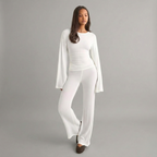 Flare Sleeve Round Neck Top and Bottom Set - Casual Cotton Outfit for Women