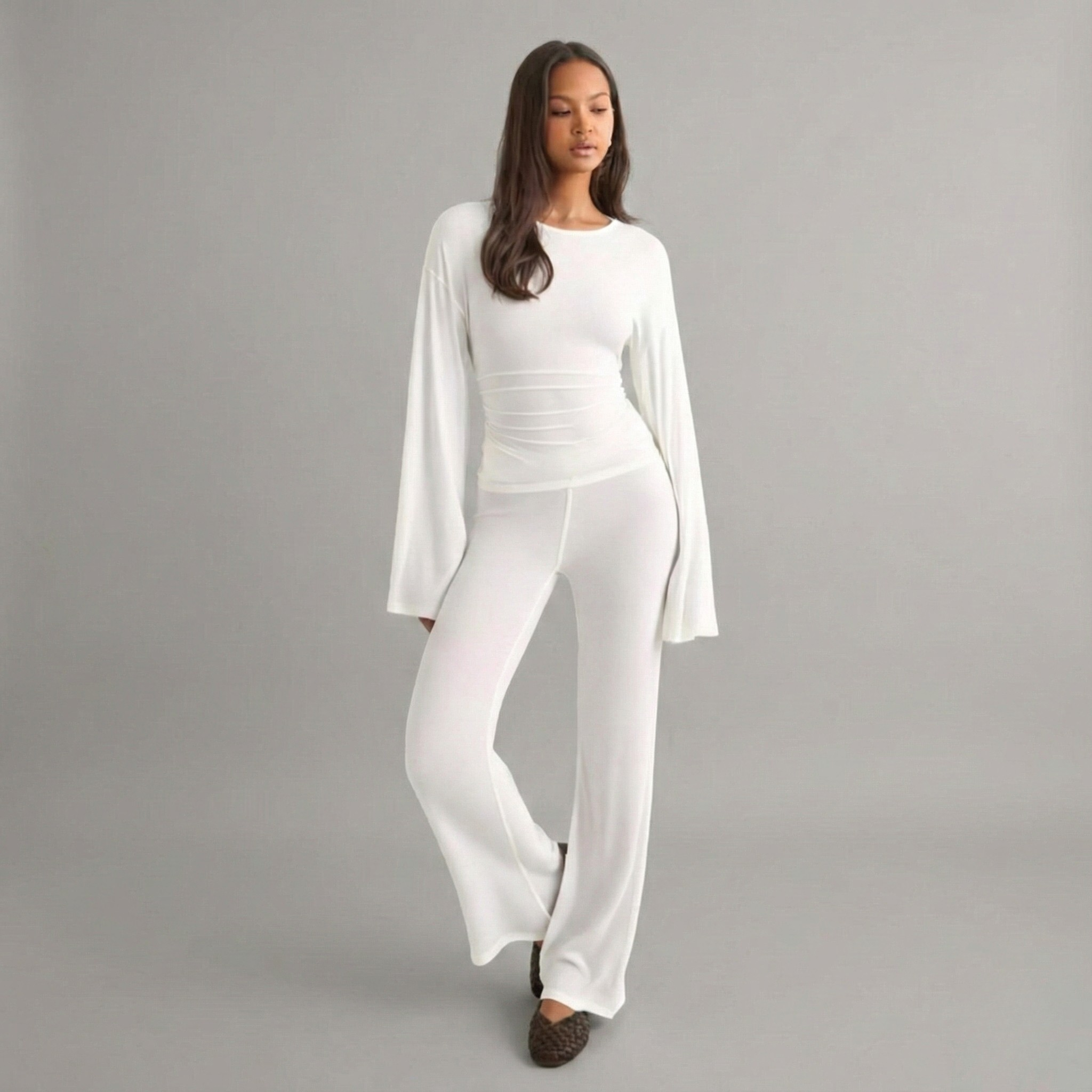 Flare Sleeve Round Neck Top and Bottom Set - Casual Cotton Outfit for Women