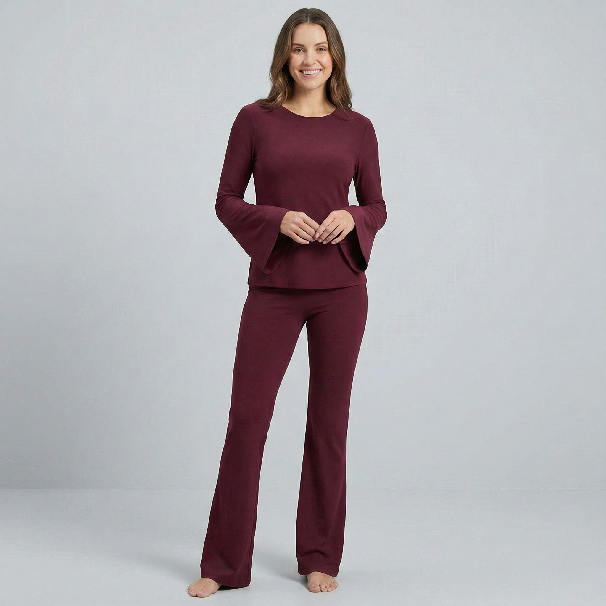 Flare Sleeve Round Neck Top and Bottom Set - Casual Cotton Outfit for Women