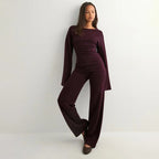 Flare Sleeve Round Neck Top and Bottom Set - Casual Cotton Outfit for Women