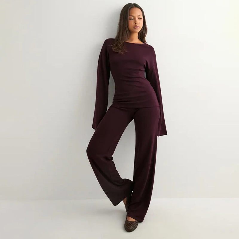 Flare Sleeve Round Neck Top and Bottom Set - Casual Cotton Outfit for Women