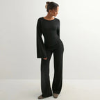 Flare Sleeve Round Neck Top and Bottom Set - Casual Cotton Outfit for Women