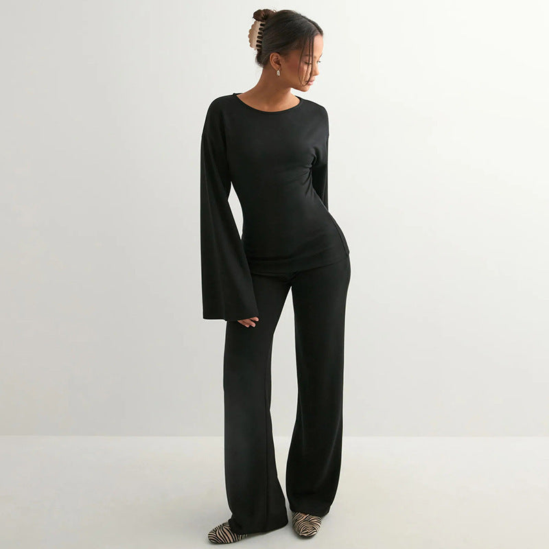 Flare Sleeve Round Neck Top and Bottom Set - Casual Cotton Outfit for Women