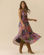 Floral Halter Maxi Dress for Women - Lightweight Beachwear Summer Dress