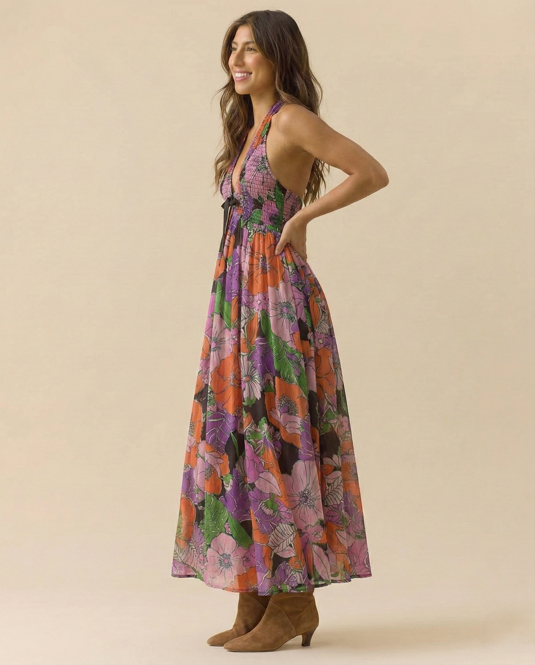 Floral Halter Maxi Dress for Women - Lightweight Beachwear Summer Dress