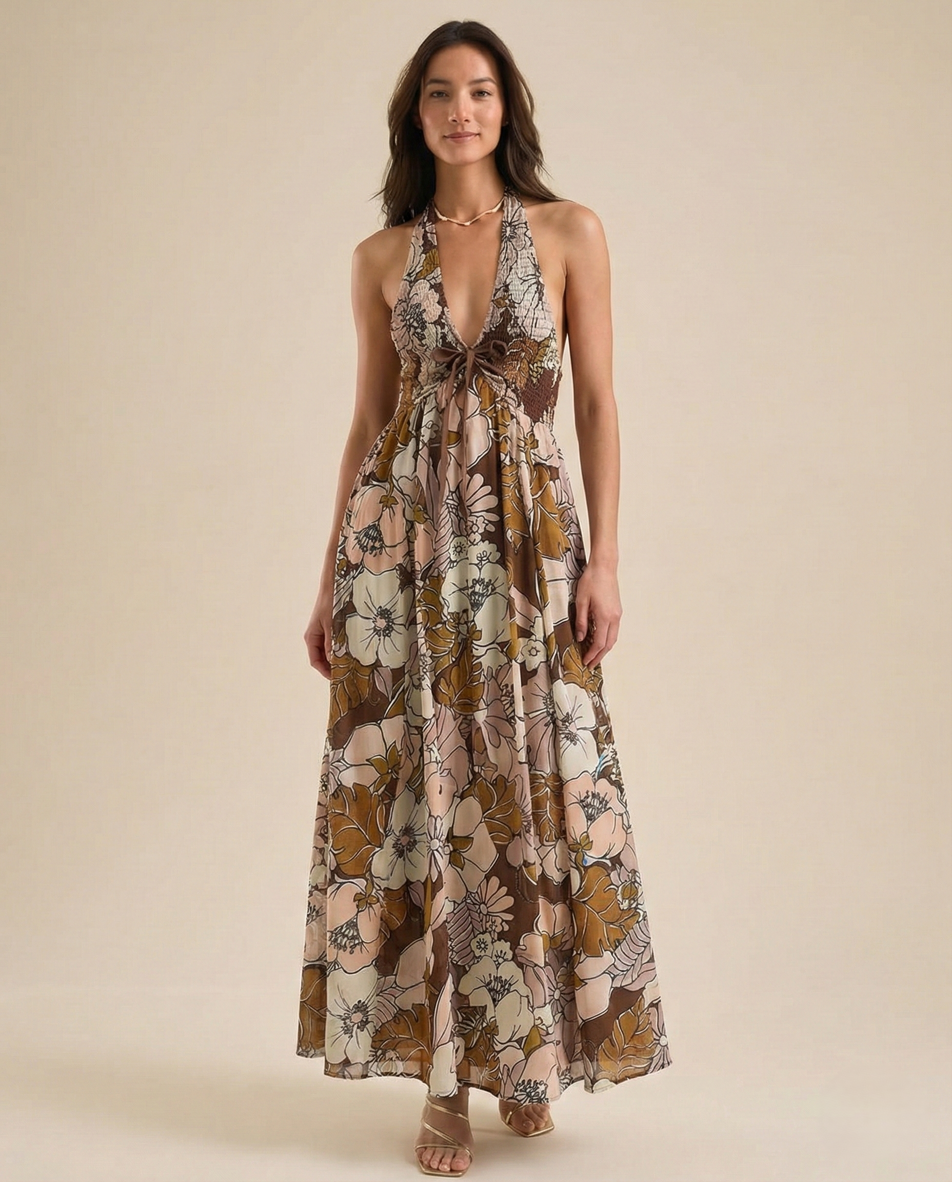Floral Halter Maxi Dress for Women - Lightweight Beachwear Summer Dress