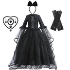 Girls Witch Queen Costume Dress with Lace Ruffles and Mid Calf Length