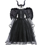 Girls Witch Queen Costume Dress with Lace Ruffles and Mid Calf Length