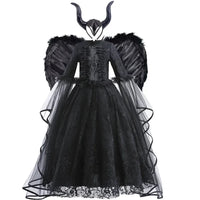 Girls Witch Queen Costume Dress with Lace Ruffles and Mid Calf Length