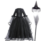 Girls Witch Queen Costume Dress with Lace Ruffles and Mid Calf Length