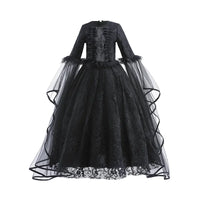 Girls Witch Queen Costume Dress with Lace Ruffles and Mid Calf Length