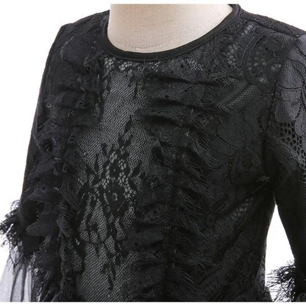 Girls Witch Queen Costume Dress with Lace Ruffles and Mid Calf Length