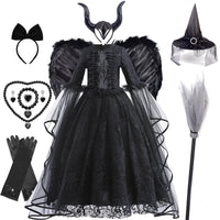 Girls Witch Queen Costume Dress with Lace Ruffles and Mid Calf Length