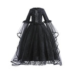 Girls Witch Queen Costume Dress with Lace Ruffles and Mid Calf Length