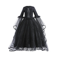 Girls Witch Queen Costume Dress with Lace Ruffles and Mid Calf Length