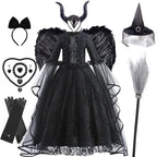 Girls Witch Queen Costume Dress with Lace Ruffles and Mid Calf Length