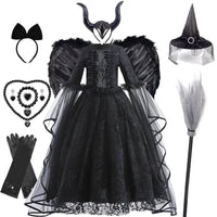 Girls Witch Queen Costume Dress with Lace Ruffles and Mid Calf Length