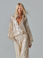 Gold Sequin Collared Half-Zip Wide-Leg Loungewear Set Women UK – Party Outfit, Brunch