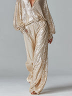 Gold Sequin Collared Half-Zip Wide-Leg Loungewear Set Women UK – Party Outfit, Brunch