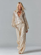 Gold Sequin Collared Half-Zip Wide-Leg Loungewear Set Women UK – Party Outfit, Brunch