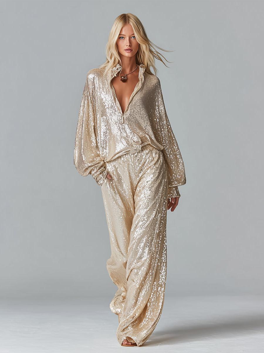 Gold Sequin Collared Half-Zip Wide-Leg Loungewear Set Women UK – Party Outfit, Brunch