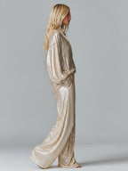 Gold Sequin Collared Half-Zip Wide-Leg Loungewear Set Women UK – Party Outfit, Brunch