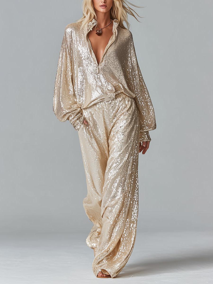 Gold Sequin Collared Half-Zip Wide-Leg Loungewear Set Women UK – Party Outfit, Brunch