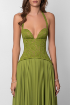 Green Pleated Corset Long Dress Women UK – Wedding Guest Garden Party Evening Gown, Formal Occasion