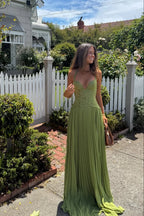 Green Pleated Corset Long Dress Women UK – Wedding Guest Garden Party Evening Gown, Formal Occasion